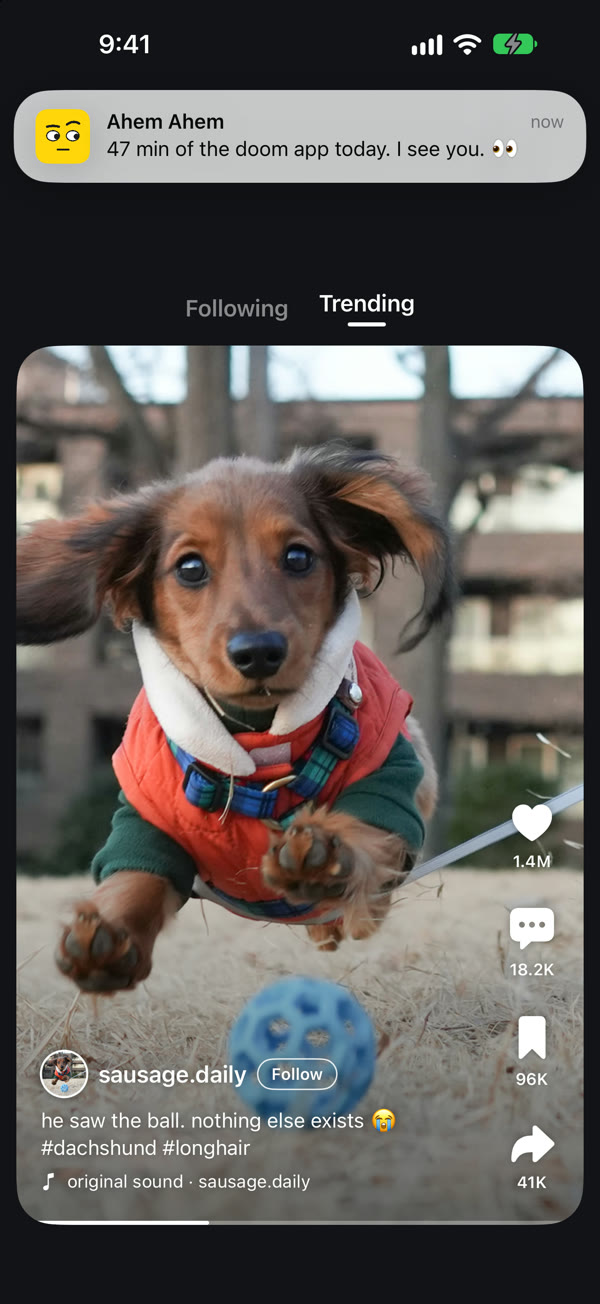 An Ahem Ahem nag appearing over a video feed: 47 min of the doom app today. I see you.