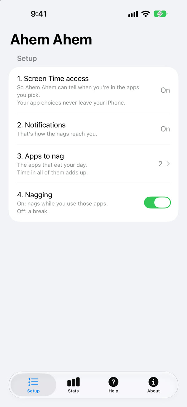 Ahem Ahem setup screen with Screen Time access, notifications, two apps picked and nagging on