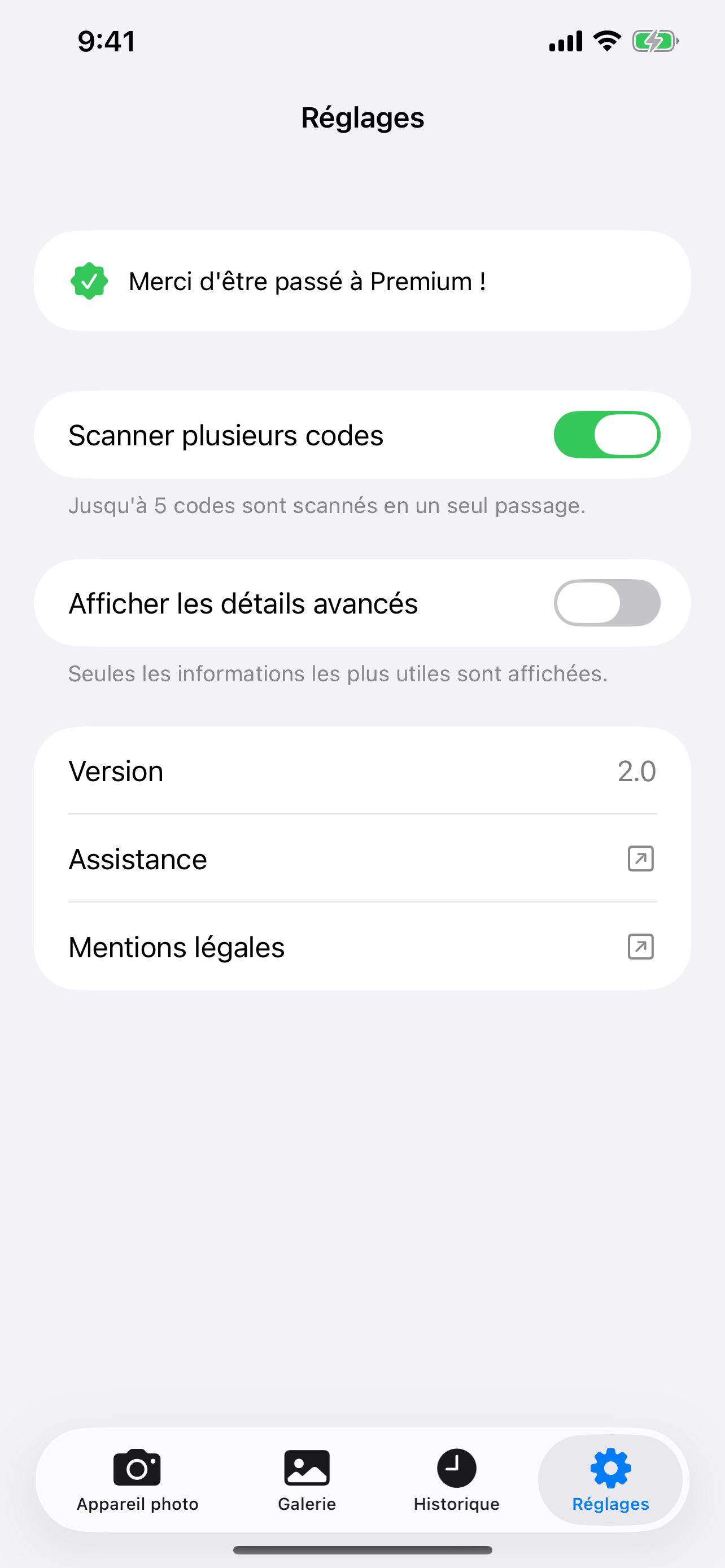 Écran réglages