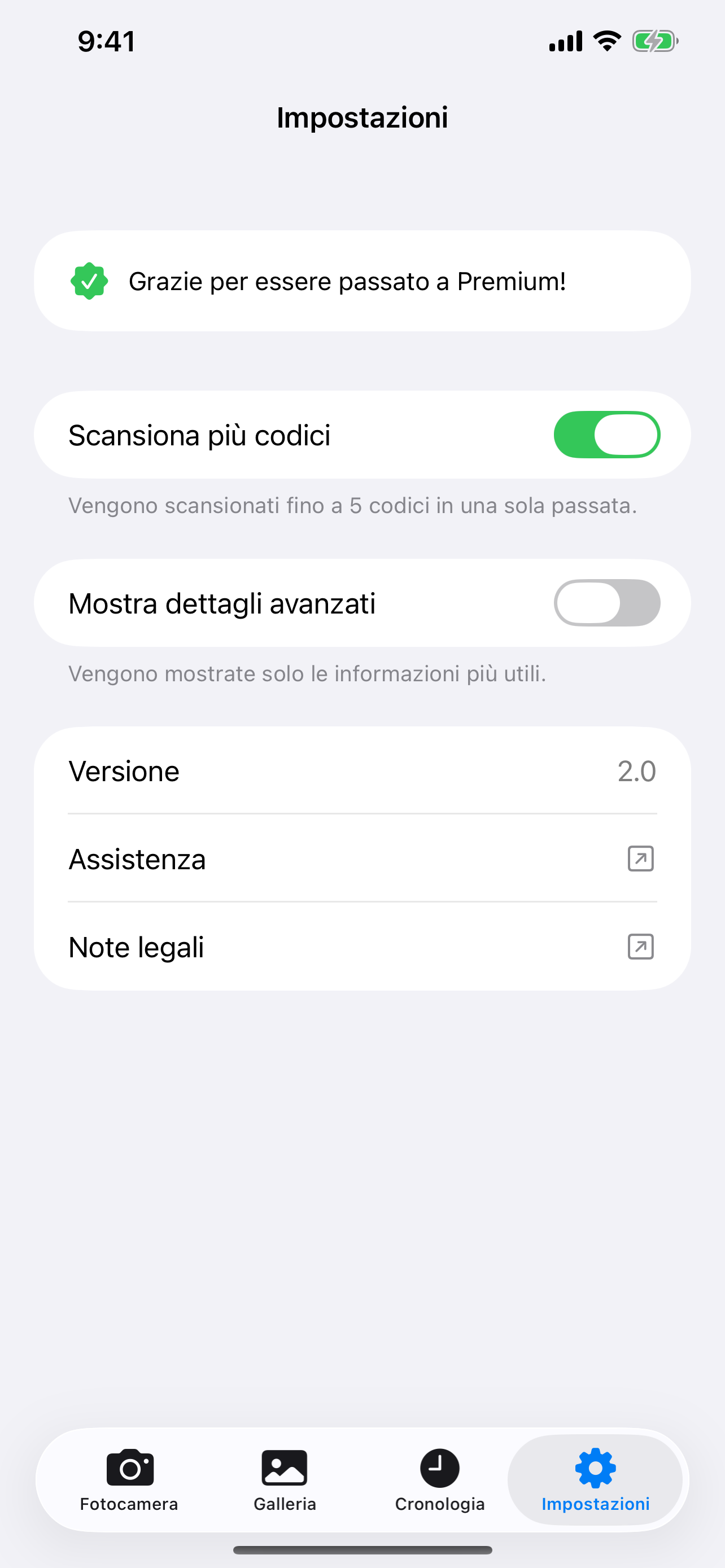 Schermata impostazioni