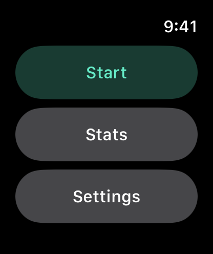 Home menu with Start, Stats and Settings