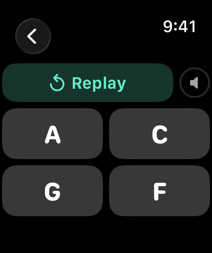 A round with a Replay button and four answers: A, C, G, F