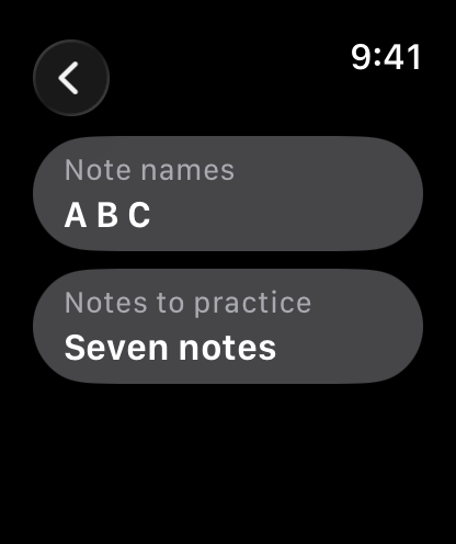 Settings with Note names set to A B C and Notes to practice set to Seven notes