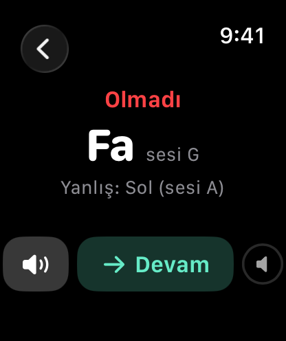 Doğru adı, seçilen notayı, Tekrar dinle ve Devam düğmelerini gösteren sonuç ekranı