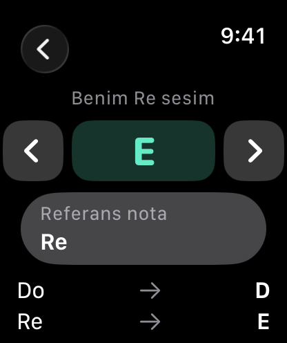 Benim Re sesim E olarak ayarlanmış ve Do → D, Re → E önizlemesi görünen saz ekranı
