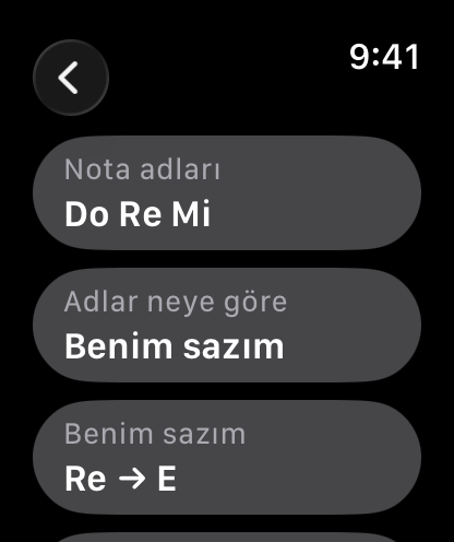 Nota adları ve çalışılacak notaların seçildiği ayarlar