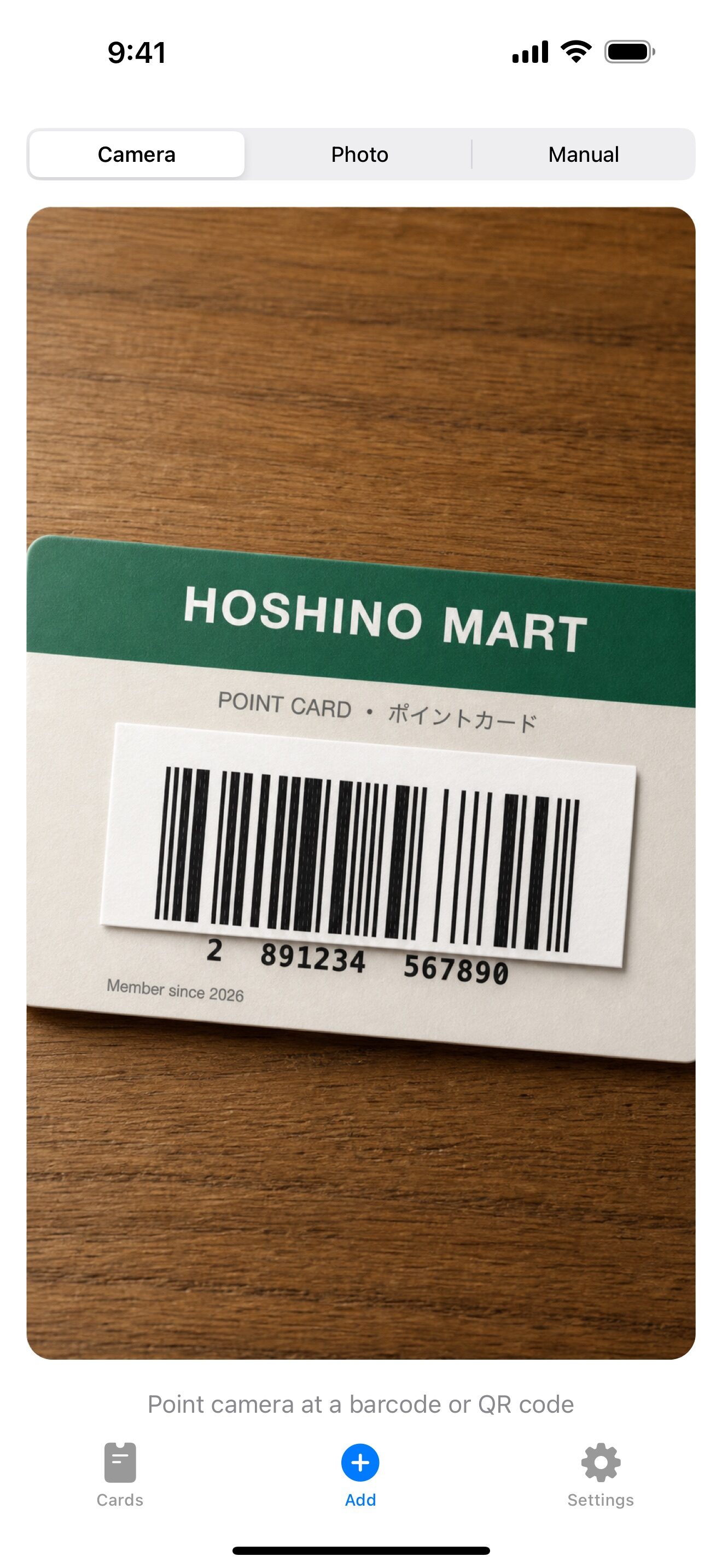 Adding a card with the camera