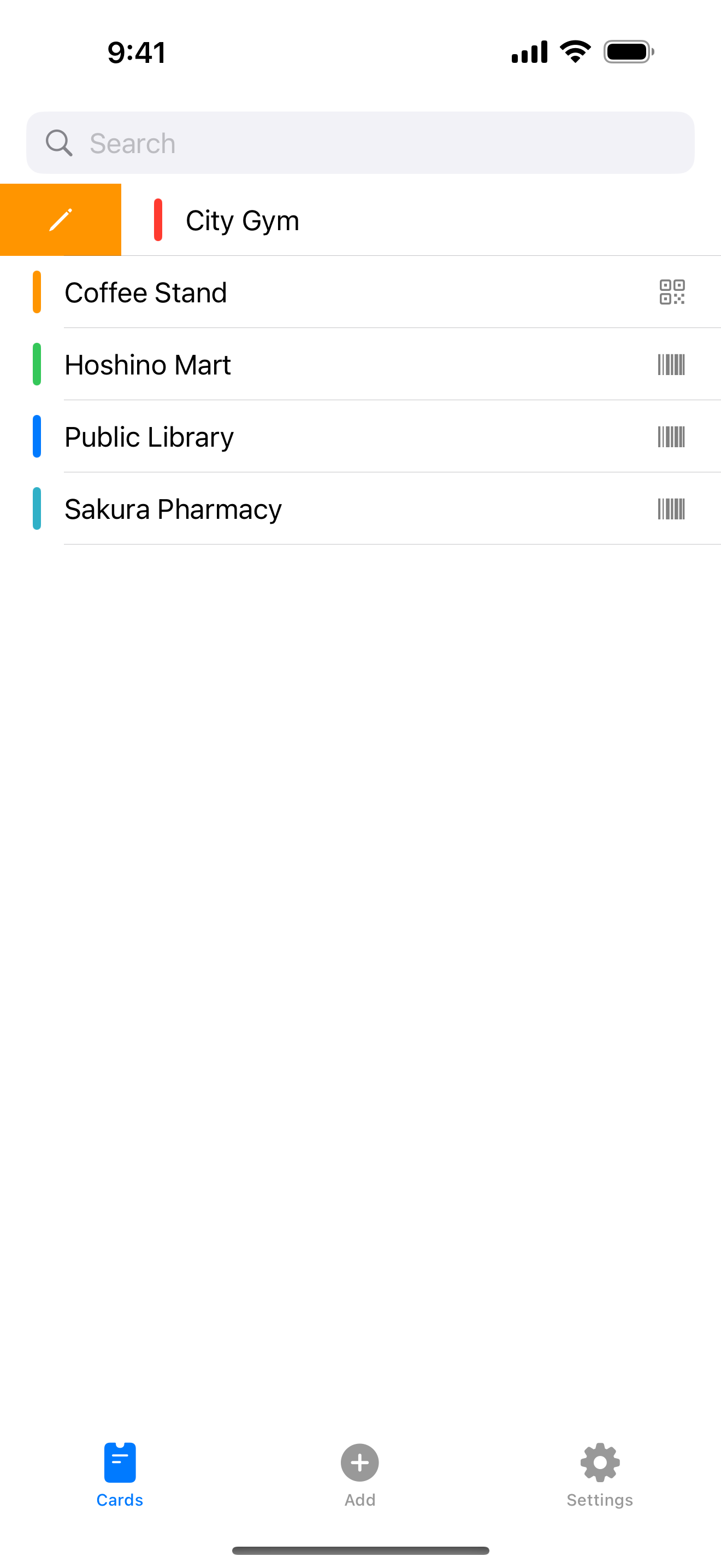 Swiping a card right reveals Edit