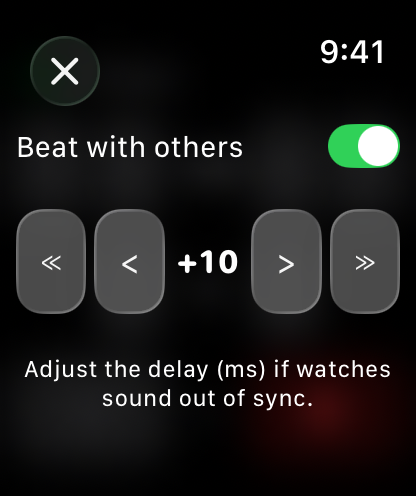 The sync screen with Beat with others switched on and a delay of plus 10 milliseconds
