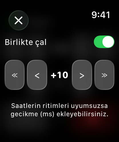 Birlikte çal açıkken ve gecikme +10 ms iken eşitleme ekranı