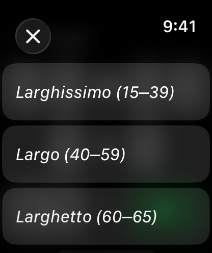 15 BPM'deki Larghissimo ile başlayan tempo listesi