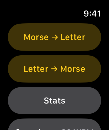 Home menu with Morse to Letter, Letter to Morse, Stats and Speed