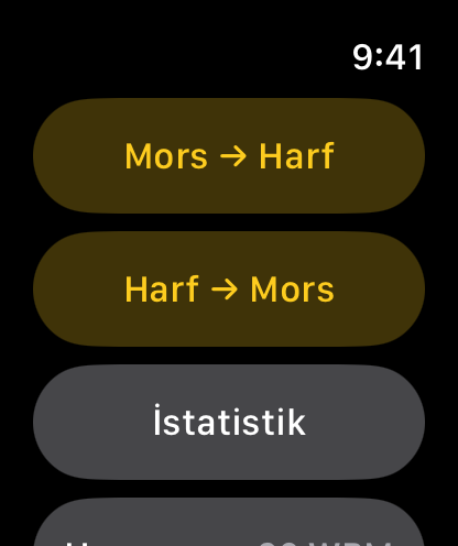 Mors → Harf, Harf → Mors, İstatistik ve Hız seçenekleriyle ana menü