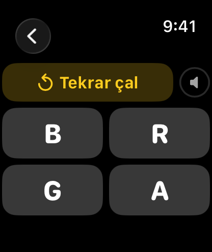 Tekrar çal düğmesi ve dört harf seçeneğini gösteren Mors → Harf ekranı