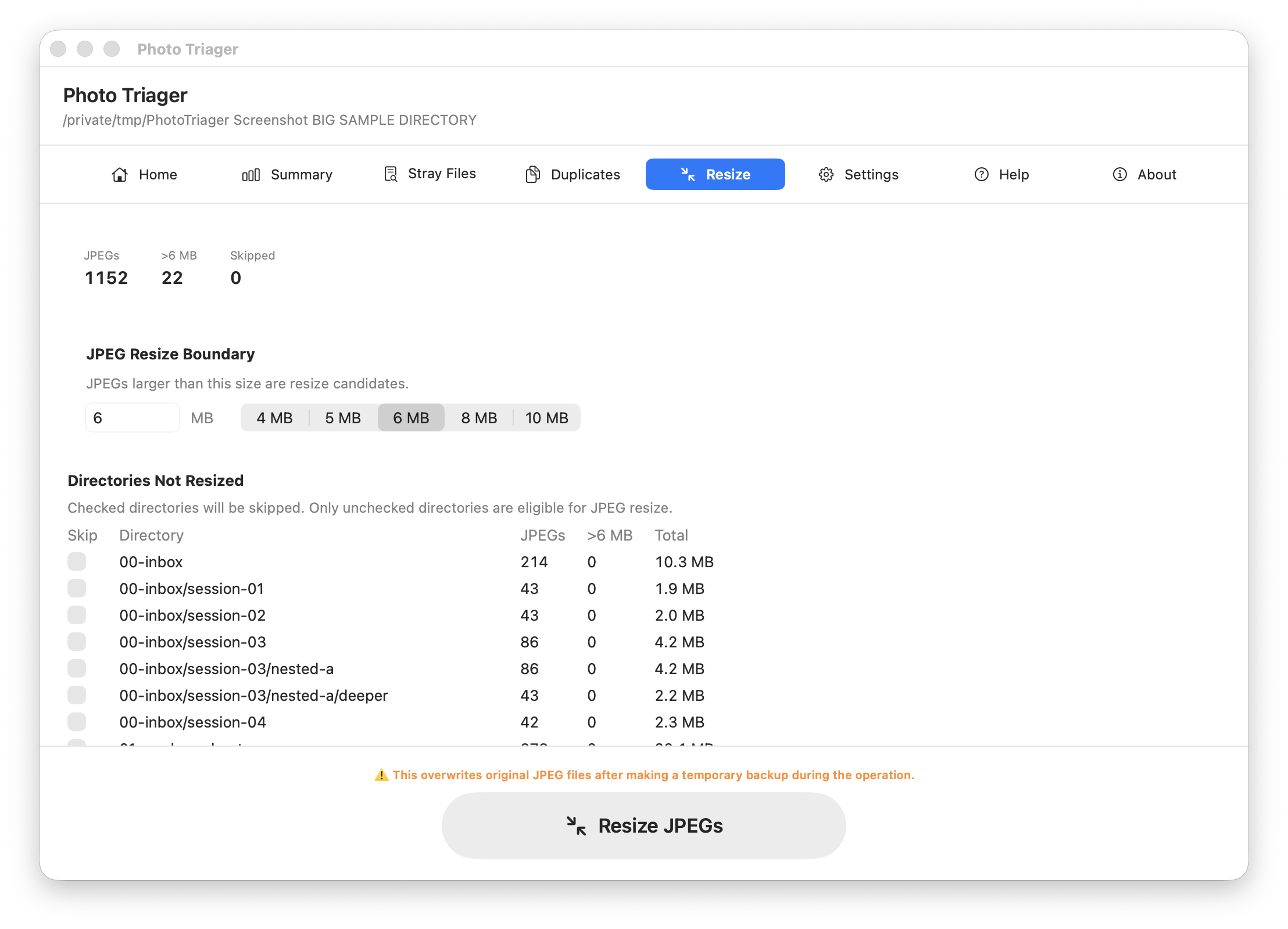 Photo Triager Resize tab showing JPEG size boundary and directories not resized